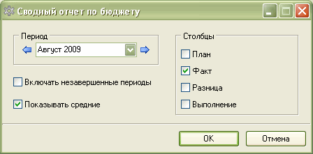 Задаем параметры сводного отчета по бюджету